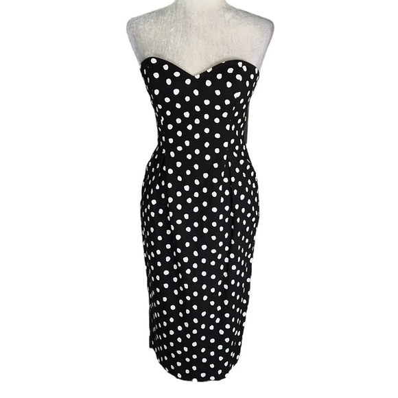 Lillie Rubin Vintage Strapless Black White Polka Dot Print Midi Pencil Dress 6 - Picture 2 of 12